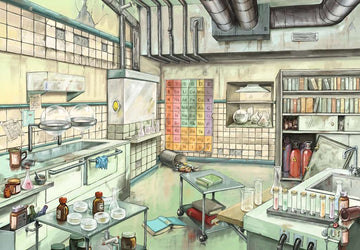 A detailed illustration of a laboratory setting, featuring various lab equipment such as glass beakers, colorful chemical solutions, an array of books, and a periodic table on the wall, creating an intriguing jigsaw puzzle challenge.