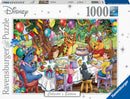 A colorful 1000-piece jigsaw puzzle featuring beloved Disney characters Winnie the Pooh, Tigger, Eeyore, Piglet, and others celebrating a birthday party. The scene includes a table filled with treats, a cake with candles, and festive balloons in a vibrant forest setting. Perfect for fans of the Hundred Acre Wood.