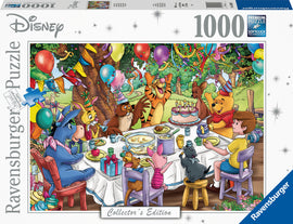 A colorful 1000-piece jigsaw puzzle featuring beloved Disney characters Winnie the Pooh, Tigger, Eeyore, Piglet, and others celebrating a birthday party. The scene includes a table filled with treats, a cake with candles, and festive balloons in a vibrant forest setting. Perfect for fans of the Hundred Acre Wood.