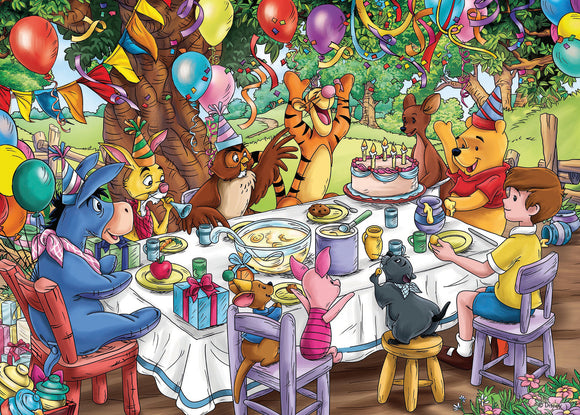 A colorful and cheerful jigsaw puzzle featuring Winnie the Pooh and friends celebrating a birthday party. The scene includes Pooh, Tigger, Piglet, Eeyore, Rabbit, and Owl around a festive table adorned with balloons, cakes, and gifts, set in a lush, green outdoor setting. The characters are wearing party hats and are engaged in joyful festivities.