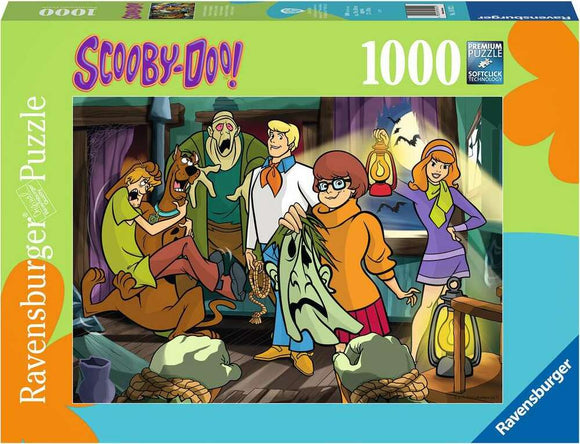 A 1000-piece jigsaw puzzle featuring Scooby-Doo characters in a spooky setting. Shaggy, Scooby, Fred, Velma, and Daphne are seen unmasking a ghost in a dimly lit room, with various mystery-solving tools and eerie decorations around them. The vibrant colors and detailed artwork highlight the fun and adventure of the Scooby-Doo series.