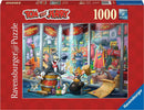 The Tom & Jerry Hall of Fame 1000-piece jigsaw puzzle by Ravensburger features an illustrated scene filled with iconic characters Tom and Jerry, amidst a backdrop of playful chaos. The puzzle showcases a variety of whimsical items related to the beloved cartoon, creating a nostalgic and colorful ambiance perfect for fans of all ages.