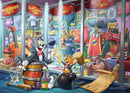 Tom & Jerry Hall of Fame 1000 jigsaw puzzle by Ravensburger, featuring vibrant animations of Tom and Jerry among various props, showcasing a playful scene with a barrel, drinks, and a scroll.