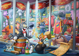 Tom & Jerry Hall of Fame 1000 jigsaw puzzle by Ravensburger, featuring vibrant animations of Tom and Jerry among various props, showcasing a playful scene with a barrel, drinks, and a scroll.