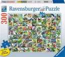 99 Delightful Birds 300 pc jigsaw puzzle by Ravensburger. Features vibrant images of various bird species in colorful settings, designed with large pieces for easy handling and assembly.