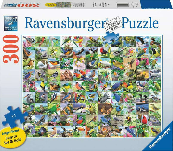 99 Delightful Birds 300 pc jigsaw puzzle by Ravensburger. Features vibrant images of various bird species in colorful settings, designed with large pieces for easy handling and assembly.