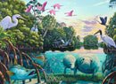 A vibrant, detailed illustration of a serene coastal scene featuring two manatees swimming gracefully in clear blue waters. Above the surface, colorful birds like egrets and roseate spoonbills fly among lush green trees and mangroves, creating a harmonious natural setting. The background showcases a beautiful sunset sky with various shades of pink and orange, enhancing the peaceful atmosphere.