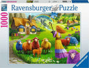A colorful jigsaw puzzle titled 'The Happy Sheep Yarn Shop' by Ravensburger, depicting a vibrant rural scene with a shepherdess and various sheep in a lush green landscape, complete with cottages and flowers.