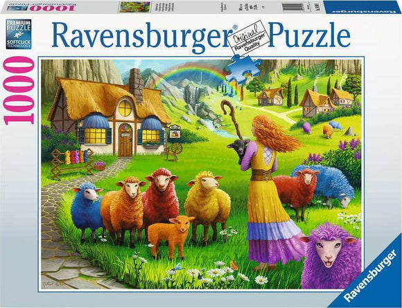 A colorful jigsaw puzzle titled 'The Happy Sheep Yarn Shop' by Ravensburger, depicting a vibrant rural scene with a shepherdess and various sheep in a lush green landscape, complete with cottages and flowers.