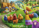 A vibrant jigsaw puzzle design featuring a cheerful scene at The Happy Sheep Yarn Shop. The illustration showcases a cottage with a thatched roof, surrounded by colorful sheep in various hues, and a woman holding a goat, standing amongst the sheep. Lush green meadows, flowers, and a distant rainbow add to the tranquil, pastoral atmosphere.