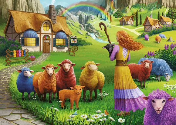 A vibrant jigsaw puzzle design featuring a cheerful scene at The Happy Sheep Yarn Shop. The illustration showcases a cottage with a thatched roof, surrounded by colorful sheep in various hues, and a woman holding a goat, standing amongst the sheep. Lush green meadows, flowers, and a distant rainbow add to the tranquil, pastoral atmosphere.