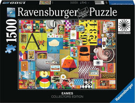 Eames House of Cards 1500-piece jigsaw puzzle by Ravensburger featuring a vibrant collage of eclectic designs, including colorful geometric shapes, iconic furniture, and artistic elements. The puzzle box showcases the collector's edition with a preview of the intricate artwork that awaits assemblage, highlighting the premium quality of Ravensburger puzzles.