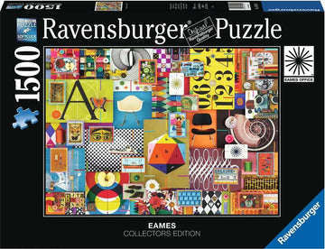 Eames House of Cards 1500-piece jigsaw puzzle by Ravensburger featuring a vibrant collage of eclectic designs, including colorful geometric shapes, iconic furniture, and artistic elements. The puzzle box showcases the collector's edition with a preview of the intricate artwork that awaits assemblage, highlighting the premium quality of Ravensburger puzzles.