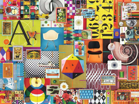 Eames House of Cards 1500-piece jigsaw puzzle by Ravensburger, featuring a vibrant collage of colorful art, retro items, and iconic designs. Perfect for puzzle enthusiasts and art lovers, this visually stimulating design combines various shapes, patterns, and textures.