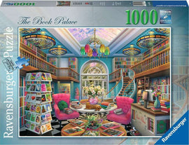 The Book Palace 1000 pc Jigsaw Puzzle by Ravensburger features a beautifully illustrated library scene, showcasing colorful stained glass lamps, shelves filled with books, a cozy reading area with plush pink chairs, a spiral staircase, and a vibrant flower arrangement on a round table, ideal for puzzle enthusiasts.