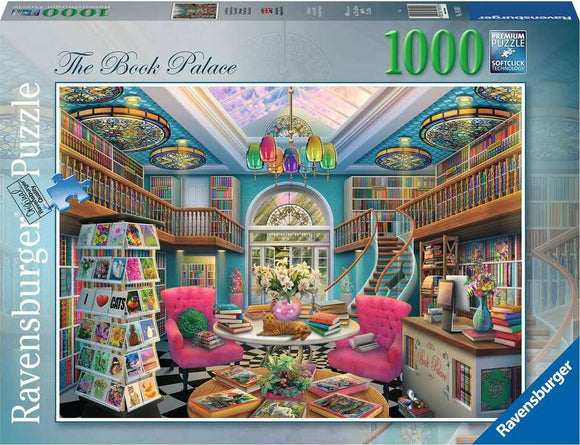The Book Palace 1000 pc Jigsaw Puzzle by Ravensburger features a beautifully illustrated library scene, showcasing colorful stained glass lamps, shelves filled with books, a cozy reading area with plush pink chairs, a spiral staircase, and a vibrant flower arrangement on a round table, ideal for puzzle enthusiasts.