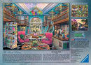 A beautifully illustrated jigsaw puzzle featuring The Book Palace, showcasing an intricate library filled with colorful books, a cozy reading area, and decorative stained glass lights. The scene captures the charm and mystery of a bookshop with a warm, inviting atmosphere, perfect for puzzle enthusiasts looking for a delightful and relaxing challenge.