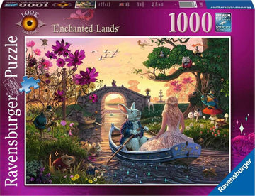 The Enchanted Lands 1000-piece jigsaw puzzle by Ravensburger features a whimsical scene with a rabbit and a woman in a boat, surrounded by vibrant flowers, lush greenery, and enchanting creatures. The picturesque landscape includes a stone bridge, soft hues of sunset, and playful animals, creating a magical and serene atmosphere perfect for puzzle lovers.