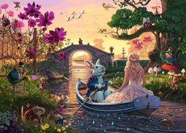 A fantastical scene from the 'Enchanted Lands' 1000 piece jigsaw puzzle by Ravensburger, featuring a whimsical boat ride. A dressed rabbit and a young woman in a flowing gown are seated in a small boat amid colorful flowers and lush greenery. The backdrop features a picturesque archway bridge and various enchanting creatures, including a deer and whimsical animals, all under a vibrant sunset sky.