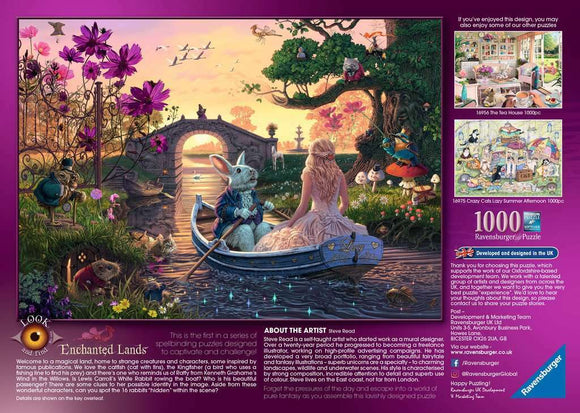The Enchanted Lands 1000-piece jigsaw puzzle by Ravensburger features a whimsical scene depicting a rabbit in a boat with a young girl, surrounded by vibrant flowers and a sunset sky. The enchanting landscape includes a stone bridge and charming animals hidden throughout the puzzle, inviting a sense of adventure and exploration.