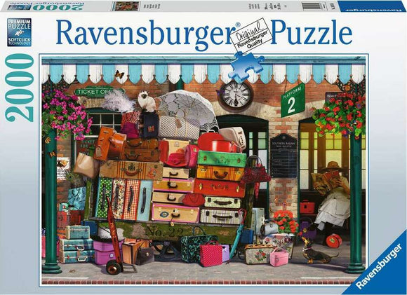 Traveling Light 2000 piece jigsaw puzzle by Ravensburger, featuring a whimsical scene of a bustling train station with a stacked variety of colorful suitcases and a playful cat. The intricate details and vibrant colors invite puzzle enthusiasts to enjoy a delightful challenge.