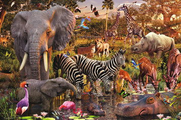 A vibrant 3000-piece jigsaw puzzle featuring an African wildlife scene with an elephant, zebra, rhinoceros, giraffes, and various colorful birds set against a lush landscape.