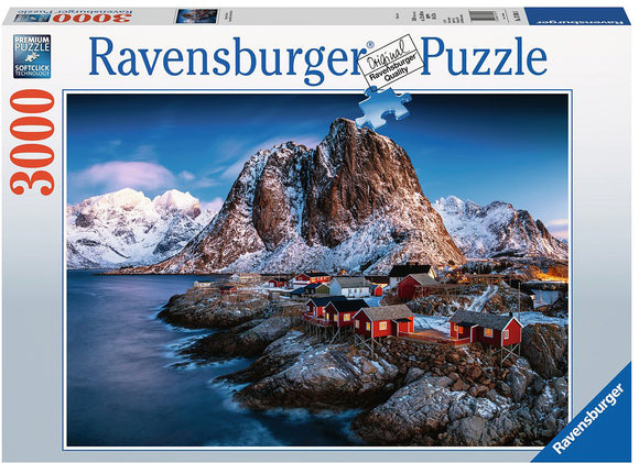 Ravensburger Hamnoy, Lofoten 3000 piece jigsaw puzzle box featuring a scenic image of rocky mountains and red cabins by the water, showcasing premium quality and Softclick technology for easy assembly.