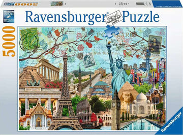 Big City Collage jigsaw puzzle by Ravensburger, featuring iconic landmarks and cultural symbols from around the world, composed of 5000 intricately designed pieces, ideal for puzzle enthusiasts.