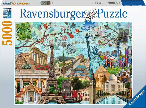 Big City Collage jigsaw puzzle by Ravensburger, featuring iconic landmarks and cultural symbols from around the world, composed of 5000 intricately designed pieces, ideal for puzzle enthusiasts.