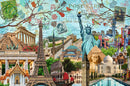 A vibrant collage featuring iconic landmarks from around the world, including the Eiffel Tower, Statue of Liberty, Taj Mahal, and Colosseum. The background includes artistic postal elements, floral designs, and world map motifs, creating a colorful jigsaw puzzle experience.