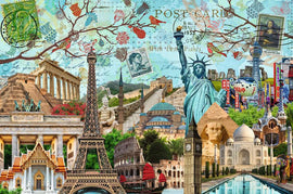 A vibrant collage featuring iconic landmarks from around the world, including the Eiffel Tower, Statue of Liberty, Taj Mahal, and Colosseum. The background includes artistic postal elements, floral designs, and world map motifs, creating a colorful jigsaw puzzle experience.