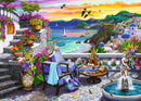 A vibrant jigsaw puzzle featuring a picturesque Santorini sunset. The scene showcases a scenic balcony with lush flowers, a tranquil sea view, and colorful buildings. A table adorned with food and drinks, surrounded by decorative pots and a soothing fountain, invites relaxation amidst the beauty of nature. Sailboats glide along the water under a warm, sunset sky, creating a perfect, serene atmosphere.
