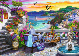 A vibrant jigsaw puzzle featuring a picturesque Santorini sunset. The scene showcases a scenic balcony with lush flowers, a tranquil sea view, and colorful buildings. A table adorned with food and drinks, surrounded by decorative pots and a soothing fountain, invites relaxation amidst the beauty of nature. Sailboats glide along the water under a warm, sunset sky, creating a perfect, serene atmosphere.