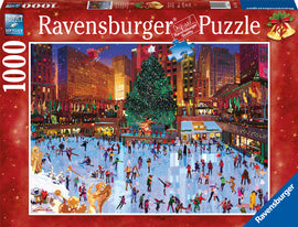 Ravensburger 1000-piece jigsaw puzzle featuring a festive scene at Rockefeller Center during winter. The illustration showcases a busy ice skating rink surrounded by Christmas decorations, a large Christmas tree, and lively skaters in colorful attire, capturing the holiday spirit.