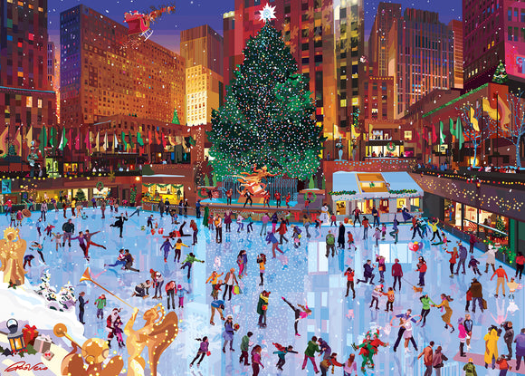 A 1000-piece Ravensburger jigsaw puzzle featuring a lively winter scene at Rockefeller Center. The illustration showcases a bustling ice skating rink filled with people enjoying the festive season, surrounded by towering skyscrapers adorned with lights. In the background, a grand Christmas tree sparkles, and Santa in his sleigh flies overhead, creating a magical holiday atmosphere.