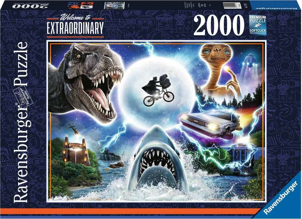 Ravensburger 2000 piece puzzle featuring iconic scenes and characters from Universal and Amblin films, including a T-Rex, E.T., and a shark. The vibrant illustration showcases a blend of adventure and nostalgia, perfect for puzzle enthusiasts.