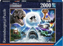 Ravensburger 2000 piece puzzle featuring iconic scenes and characters from Universal and Amblin films, including a T-Rex, E.T., and a shark. The vibrant illustration showcases a blend of adventure and nostalgia, perfect for puzzle enthusiasts.
