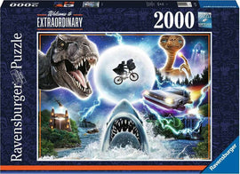 Ravensburger 2000 piece puzzle featuring iconic scenes and characters from Universal and Amblin films, including a T-Rex, E.T., and a shark. The vibrant illustration showcases a blend of adventure and nostalgia, perfect for puzzle enthusiasts.