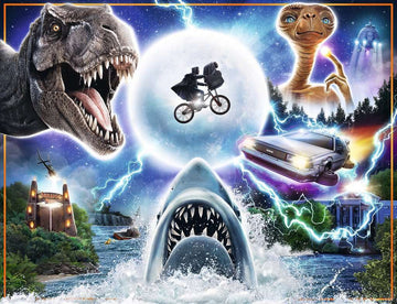 2000-piece jigsaw puzzle featuring iconic imagery from Universal and Amblin movies, including a roaring Tyrannosaurus rex, E.T. the Extra-Terrestrial, and a time-traveling DeLorean. The vibrant artwork showcases thrilling scenes, perfect for movie enthusiasts and puzzle lovers alike.
