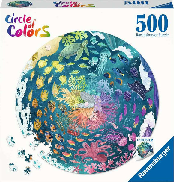 Ocean-themed 500-piece round jigsaw puzzle by Ravensburger. Features vibrant underwater scenery with a variety of fish, corals, and marine life. The puzzle set includes a poster for reference. Great for family fun and enhances spatial skills.