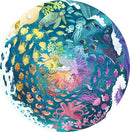A vibrant 500-piece round jigsaw puzzle titled 'Ocean' by Ravensburger, depicting a colorful underwater scene filled with various sea creatures like fish, jellyfish, turtles, and corals amid waves, perfect for ocean lovers and puzzle enthusiasts.