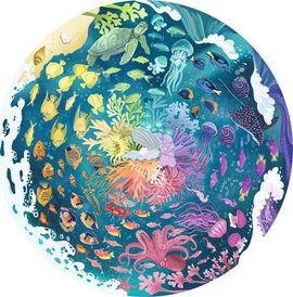 A vibrant 500-piece round jigsaw puzzle titled 'Ocean' by Ravensburger, depicting a colorful underwater scene filled with various sea creatures like fish, jellyfish, turtles, and corals amid waves, perfect for ocean lovers and puzzle enthusiasts.