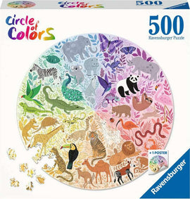 A Ravensburger 500-piece round jigsaw puzzle titled 'Circle of Colors', featuring a vibrant array of illustrated animals arranged in a circular design. The puzzle depicts diverse animals like elephants, pandas, and birds amid colorful foliage, enhancing the visual appeal with a rainbow gradient background. The packaging includes an image of the completed puzzle and a poster for reference.