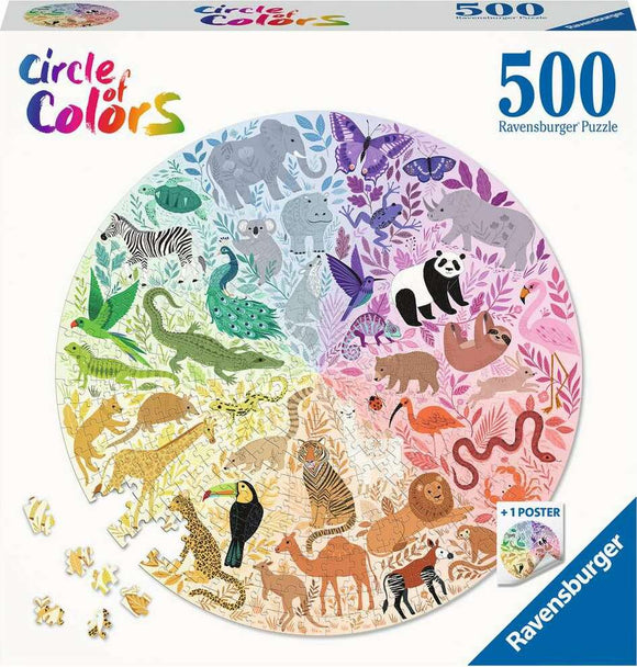 A Ravensburger 500-piece round jigsaw puzzle titled 'Circle of Colors', featuring a vibrant array of illustrated animals arranged in a circular design. The puzzle depicts diverse animals like elephants, pandas, and birds amid colorful foliage, enhancing the visual appeal with a rainbow gradient background. The packaging includes an image of the completed puzzle and a poster for reference.