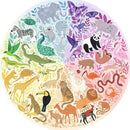 A 500-piece round jigsaw puzzle featuring a vibrant illustration of various animals, including elephants, pandas, sloths, and colorful birds, surrounded by lush foliage in a spectrum of colors.