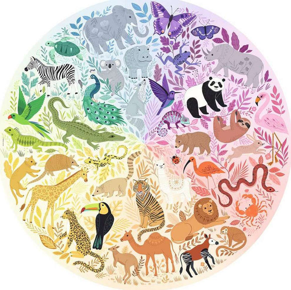 A 500-piece round jigsaw puzzle featuring a vibrant illustration of various animals, including elephants, pandas, sloths, and colorful birds, surrounded by lush foliage in a spectrum of colors.