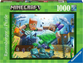 Minecraft Mosaic jigsaw puzzle featuring iconic Minecraft characters in an underwater scene, with vibrant colors and detailed graphics. Ideal for enthusiasts and puzzle lovers, this 1000-piece puzzle from Ravensburger promises hours of fun.