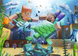 A vibrant jigsaw puzzle showcasing a Minecraft underwater scene with characters swimming among sea turtles, squids, and colorful fish. The design features blocky, pixelated graphics typical of Minecraft, with lively water bubbles and plants creating an immersive aquatic environment.