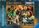 Ravensburger jigsaw puzzle featuring a colorful montage of characters and scenes from 'The Lord of the Rings: The Return of the King.' This 2000-piece puzzle showcases iconic moments and characters, like Aragorn, Gandalf, and Gollum, against a fantasy backdrop, perfect for fans and puzzle enthusiasts alike.