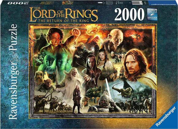 Ravensburger jigsaw puzzle featuring a colorful montage of characters and scenes from 'The Lord of the Rings: The Return of the King.' This 2000-piece puzzle showcases iconic moments and characters, like Aragorn, Gandalf, and Gollum, against a fantasy backdrop, perfect for fans and puzzle enthusiasts alike.